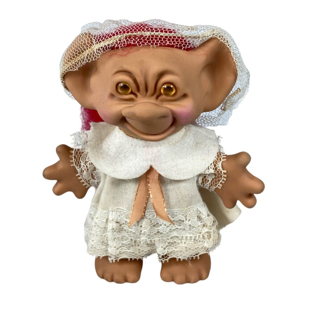 Vintage Uneeda Wish-nik Bride-nik Troll Doll Red Hair Net Veil Dress Collectible